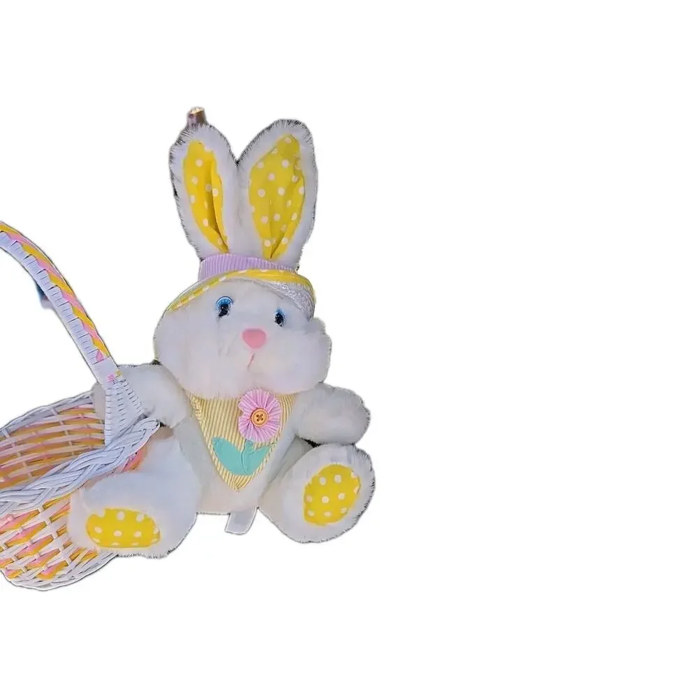 Vtg Easter Bunny Plush Rabbit Wicker Basket Set White Yellow Polka‎ Dot 90s Y2K